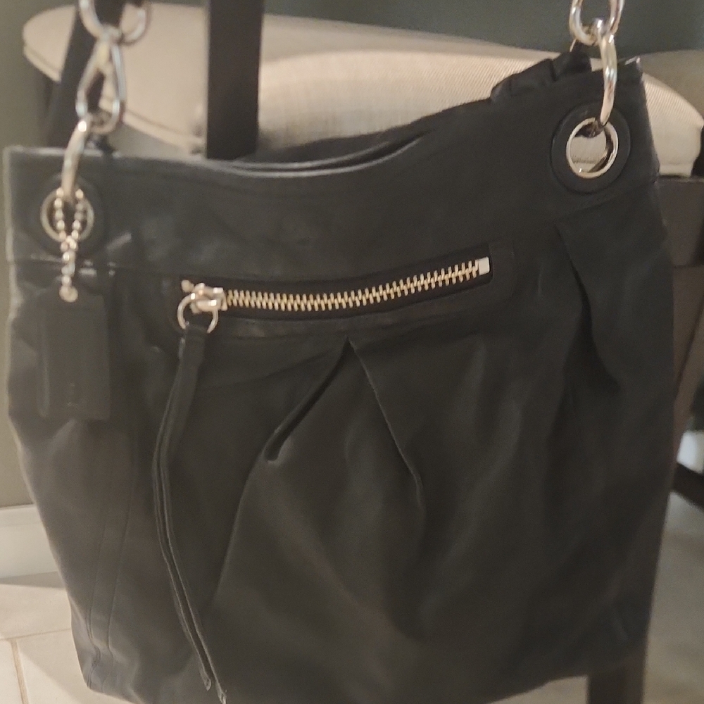 Coach Black Leather Shoulder Bag with Silver Accents